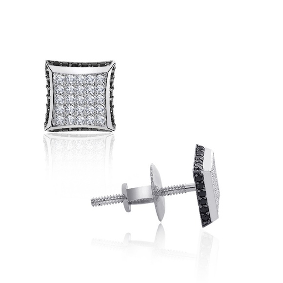 Sterling Silver Black/White CZ Square Stud Earring - Picture 2 of 4